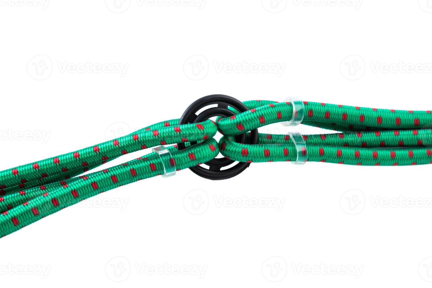 Close-up of plastic ring holding several green bungee cords with metal hooks. Durable gear organizer on white background for automotive and outdoor use. photo
