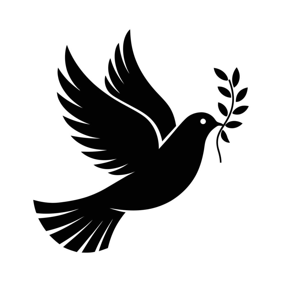 Minimalist Black and White Illustration of Flying Dove with Olive Branch, Symbol of Peace, Hope, Love, and Freedom, Suitable for Humanitarian and Religious Themes vector