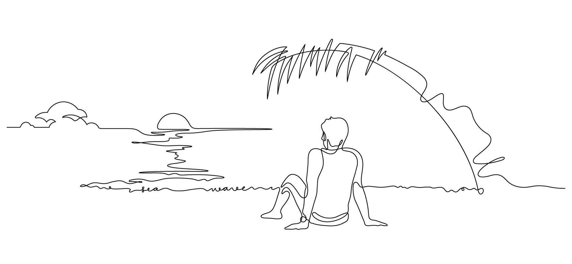 sitting alone looking sunset scenic one line drawing vector