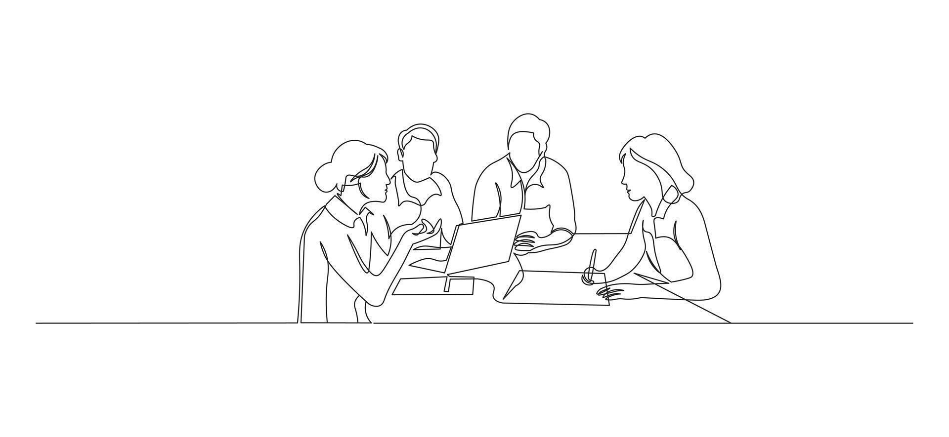 A group of young people sitting together and talking in continuous line art style. Sketch of meeting communication in minimalist black line isolated on white background. vector