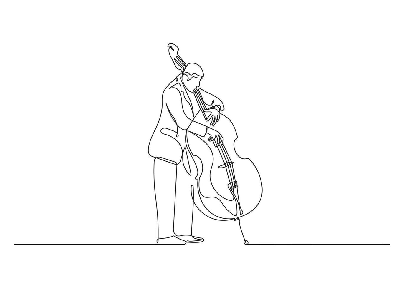 Jazz musician playing the double bass in continuous line drawing style. Minimalist double bass player in black linear sketch isolated on white background vector
