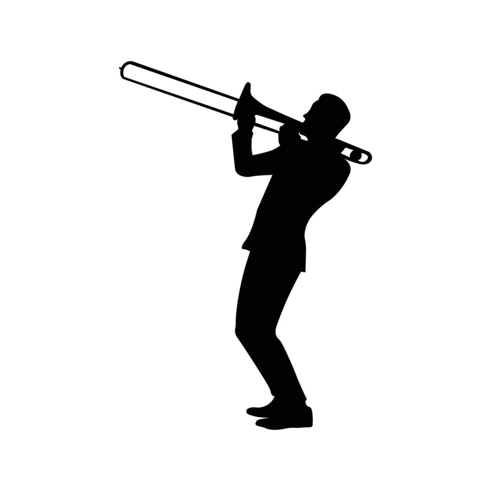 Trombone player silhouette. Jazz musical instrument silhouette isolated on white background. vector