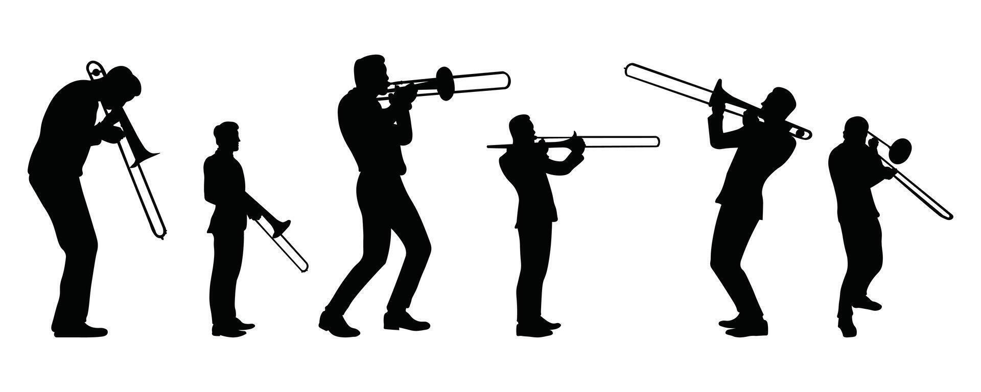 Silhouette set of trombone players. Jazz musical instrument of trombone players silhouette isolated on white background. vector