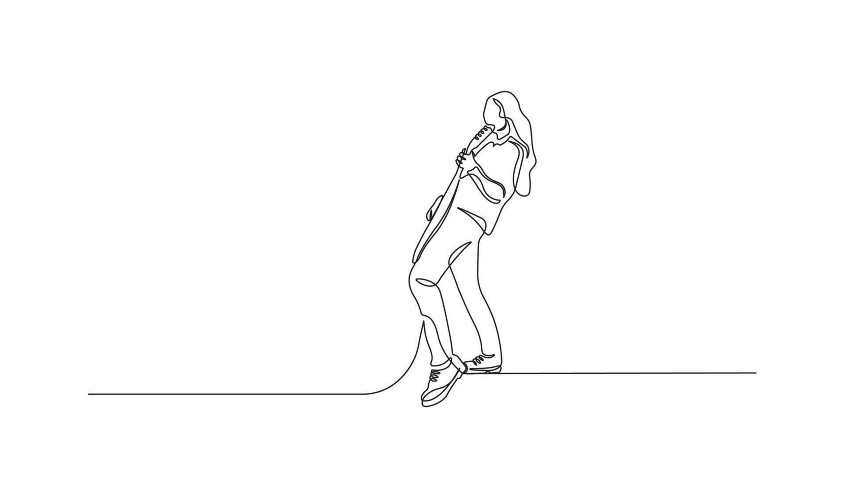 Woman playing guitar in continuous line art style. Sketch of guitarist in minimalist black line isolated on white background. vector