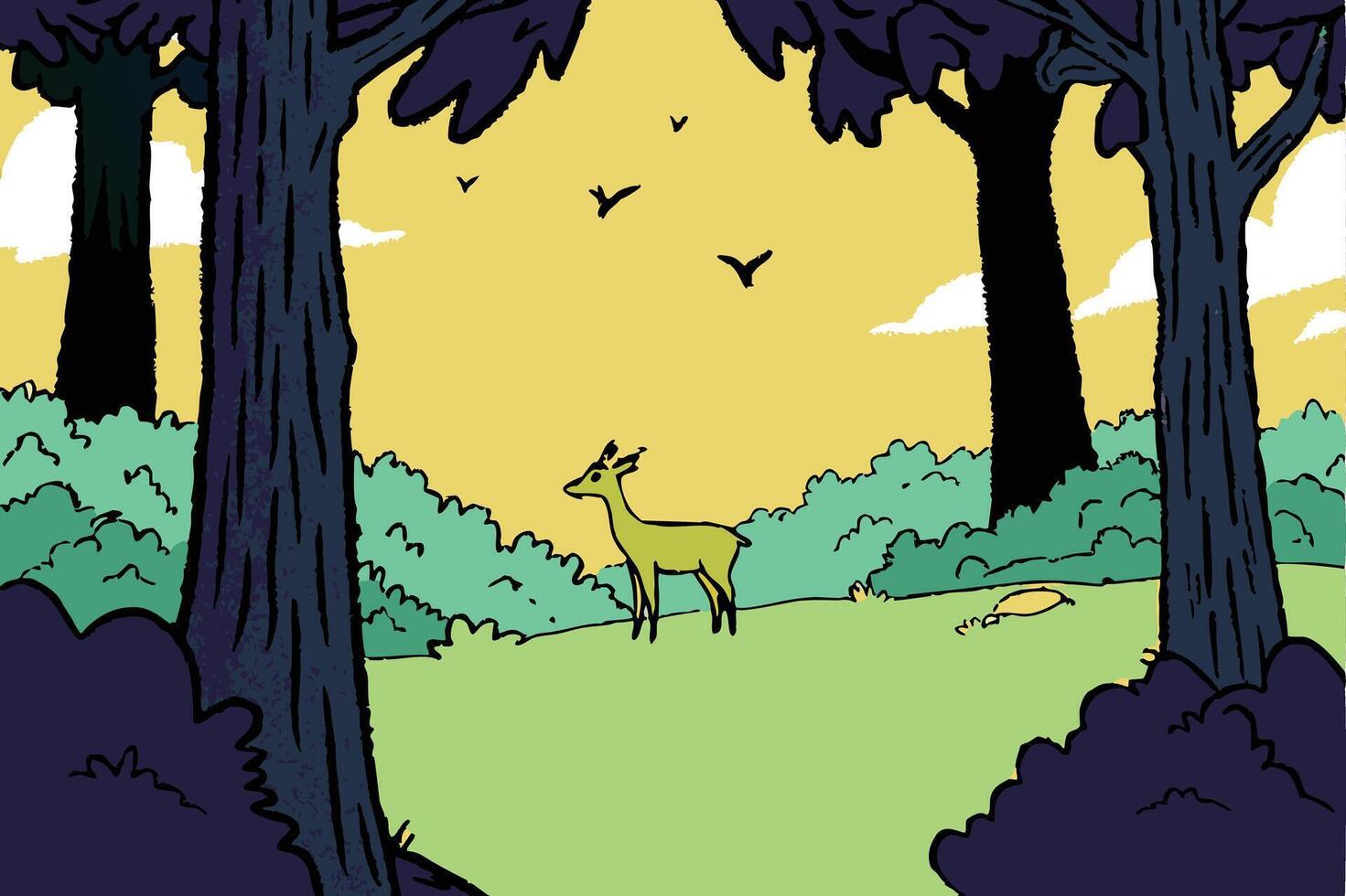 A beautiful forest with tall trees and birds flying in the sky, a deer standing on the grass vector