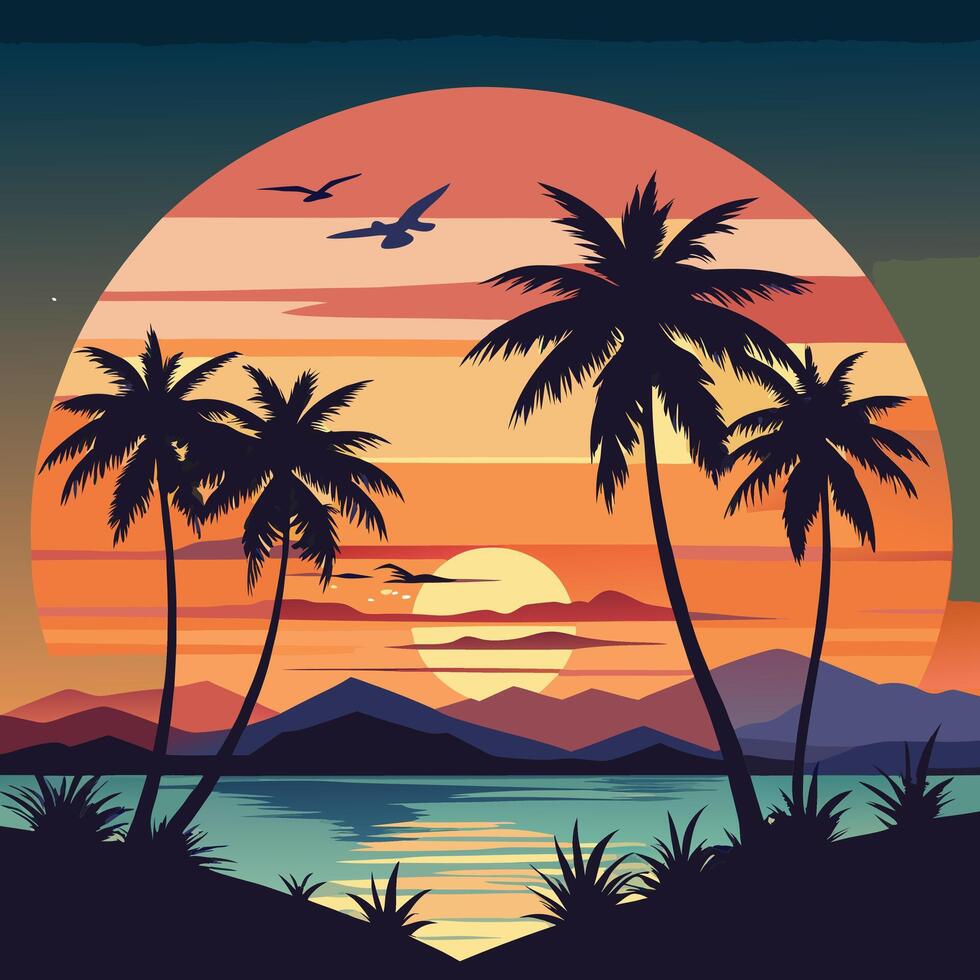 palm trees silhouette with sunset and flying birds vector