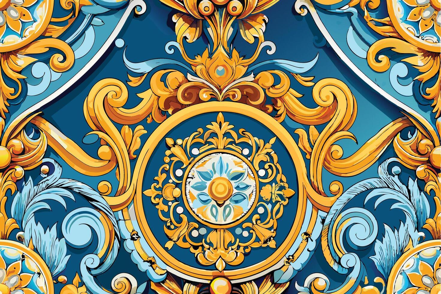 A blue and gold design with a flower pattern vector