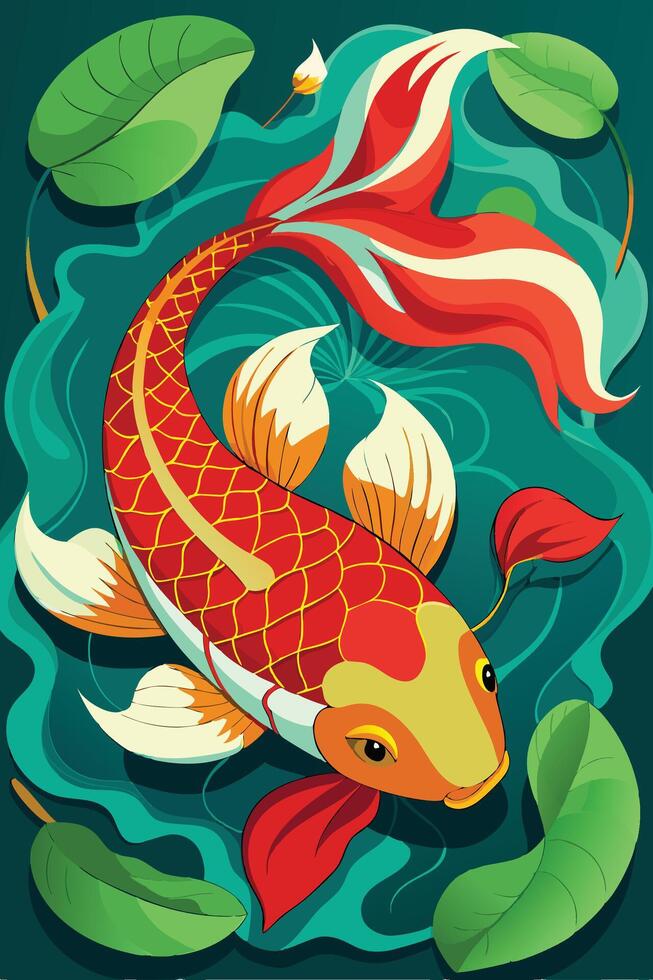 A colorful koi fish with a red tail swimming in a pond vector