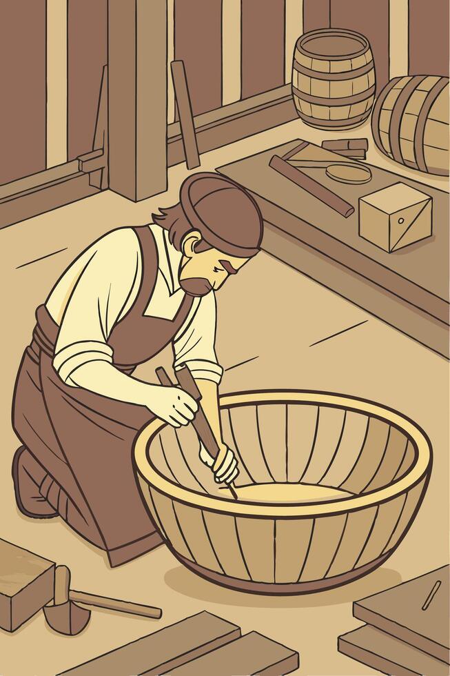 A man is working on a wooden bowl in a workshop vector