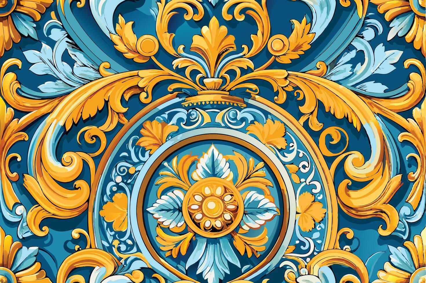 A blue and gold design with a flower seamless pattern vector