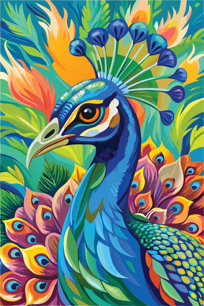 A colorful peacock with a blue head and green feathers vector