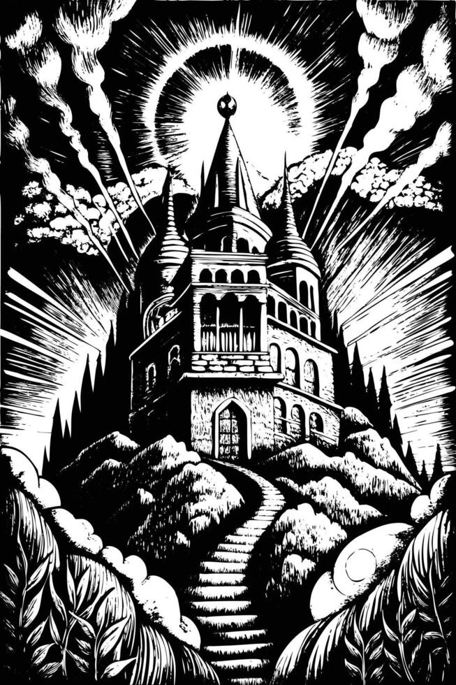A castle with a steeple and a sun in the sky vector