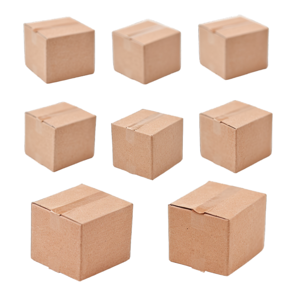 A series of cardboard boxes are shown in various orientations png