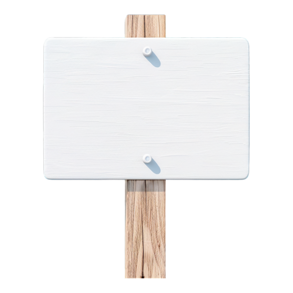 A white sign with a wooden post is displayed on a transparent background png