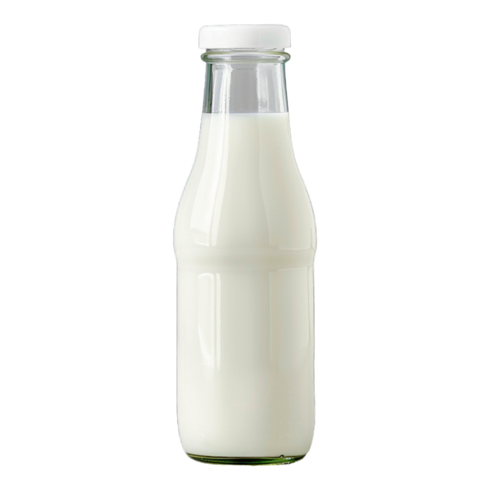 A glass bottle of milk is sitting on a transparent background png