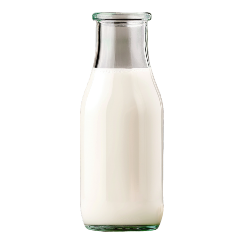 A glass bottle of milk is sitting on a transparent background png