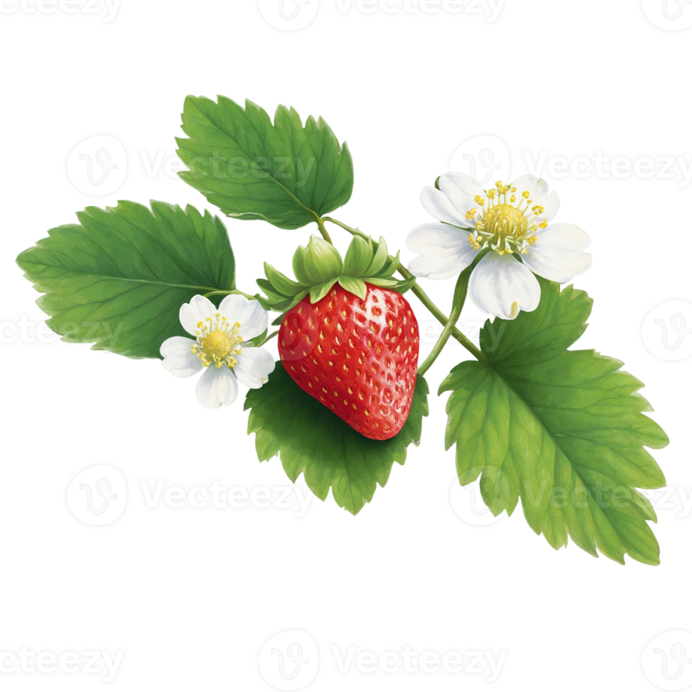 strawberry flower and leave, with strawberry scattered on the branch png