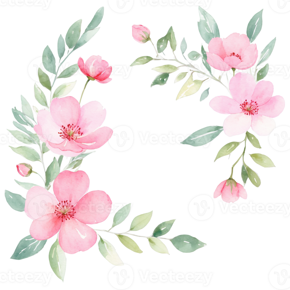 Pink Flowers with Leaves in Watercolor png