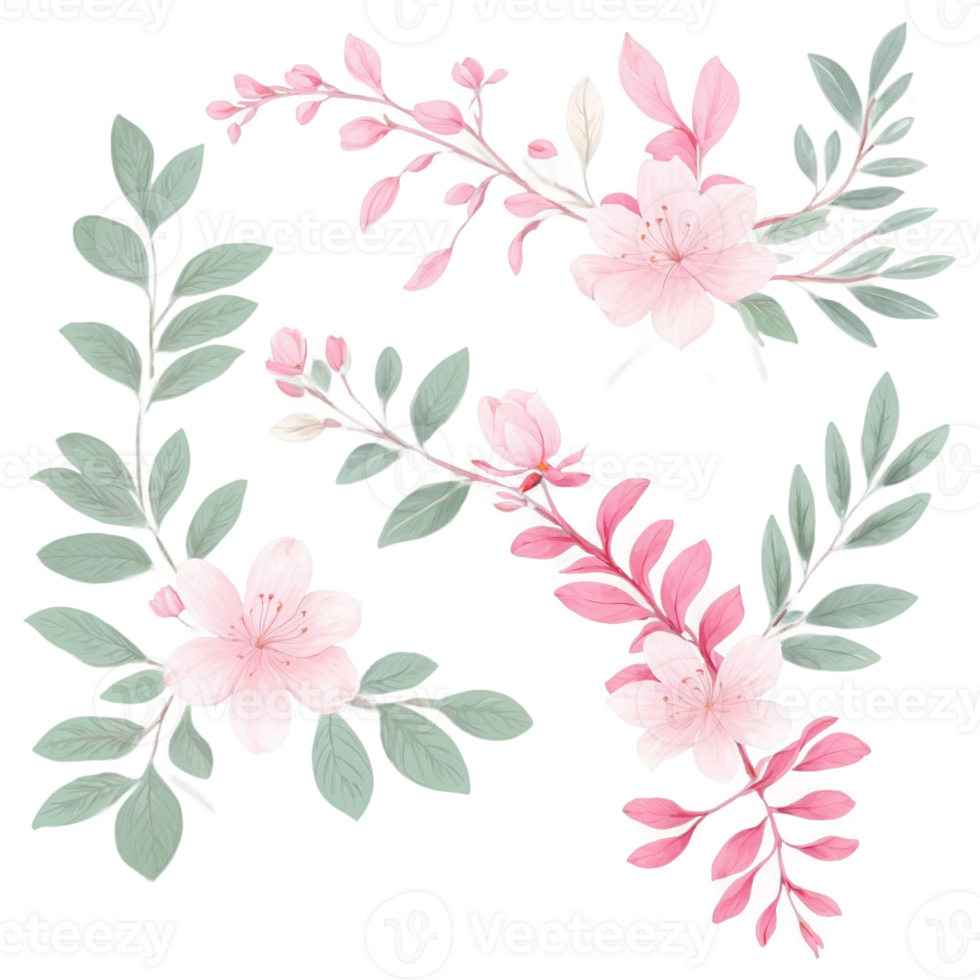 Pink flowers and leaves on a black background png