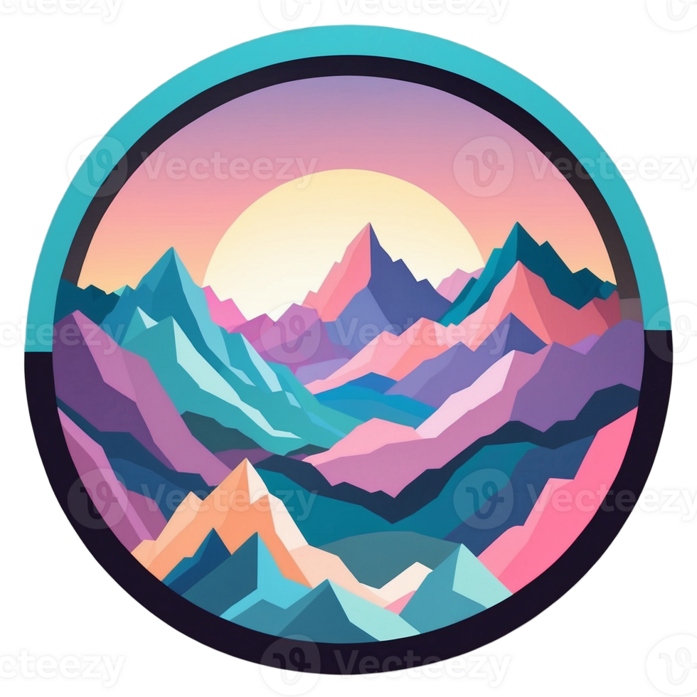 A colorful mountain scene with a sunset in the background png