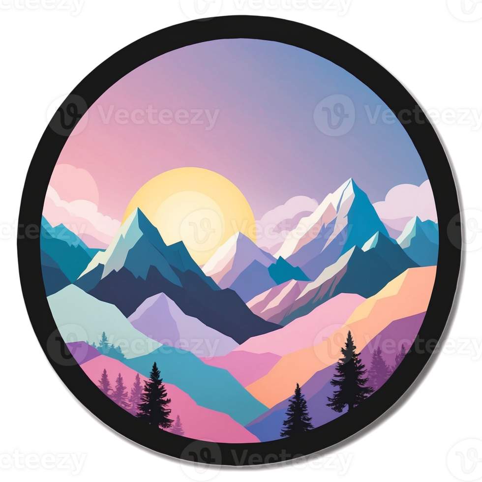 A colorful mountain landscape with trees and sun png