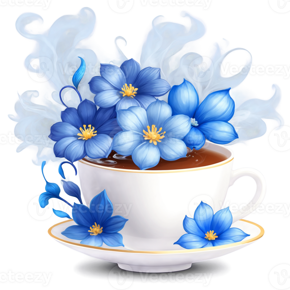 A cup of tea with blue flowers png