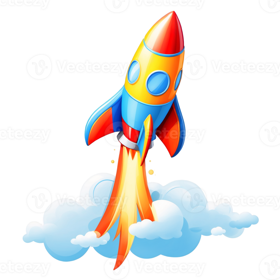 A cartoon rocket flying through the clouds png