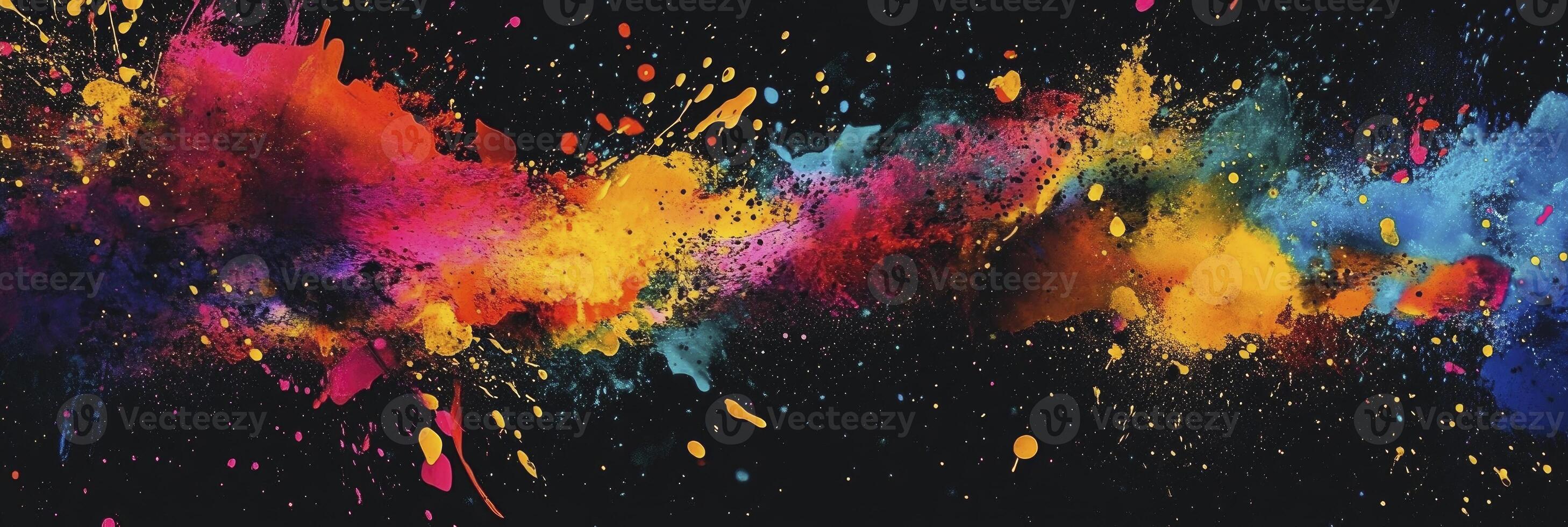 Vibrant, colorful paint splashes on a black background, a colorful splash art design. photo