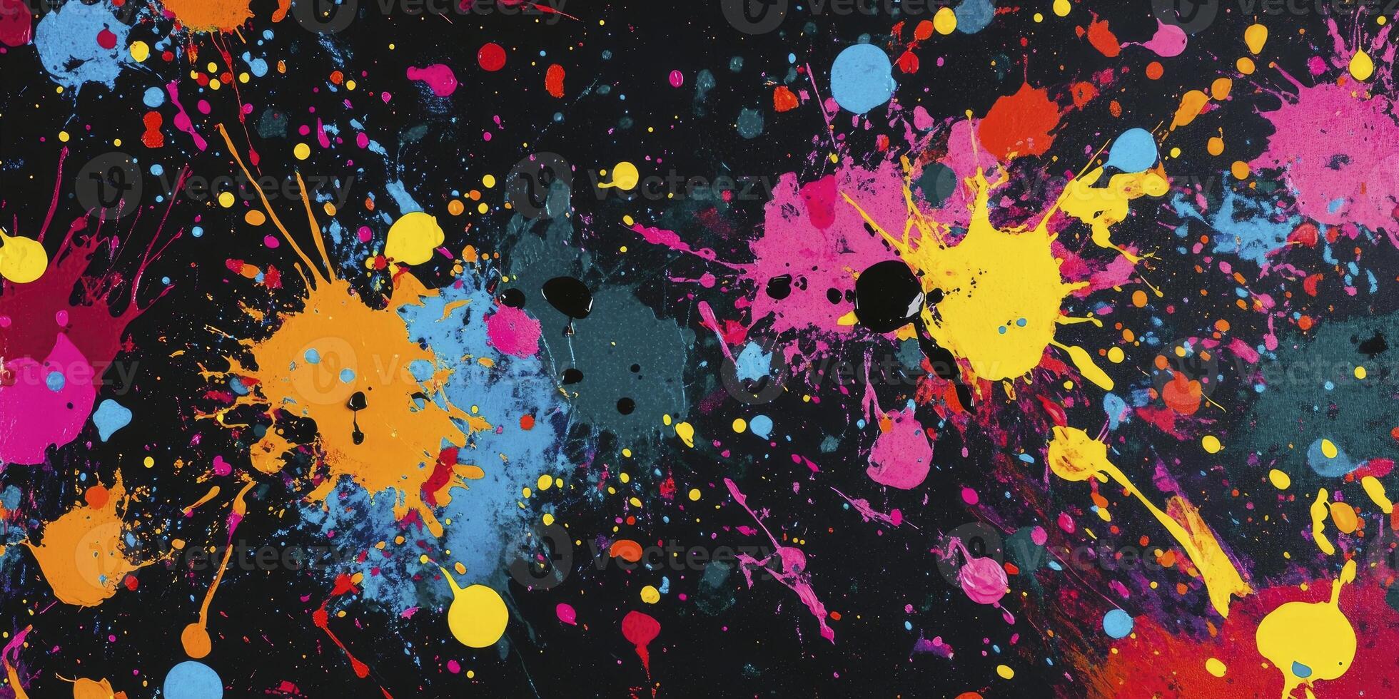 Vibrant, colorful paint splashes on a black background, a colorful splash art design. photo