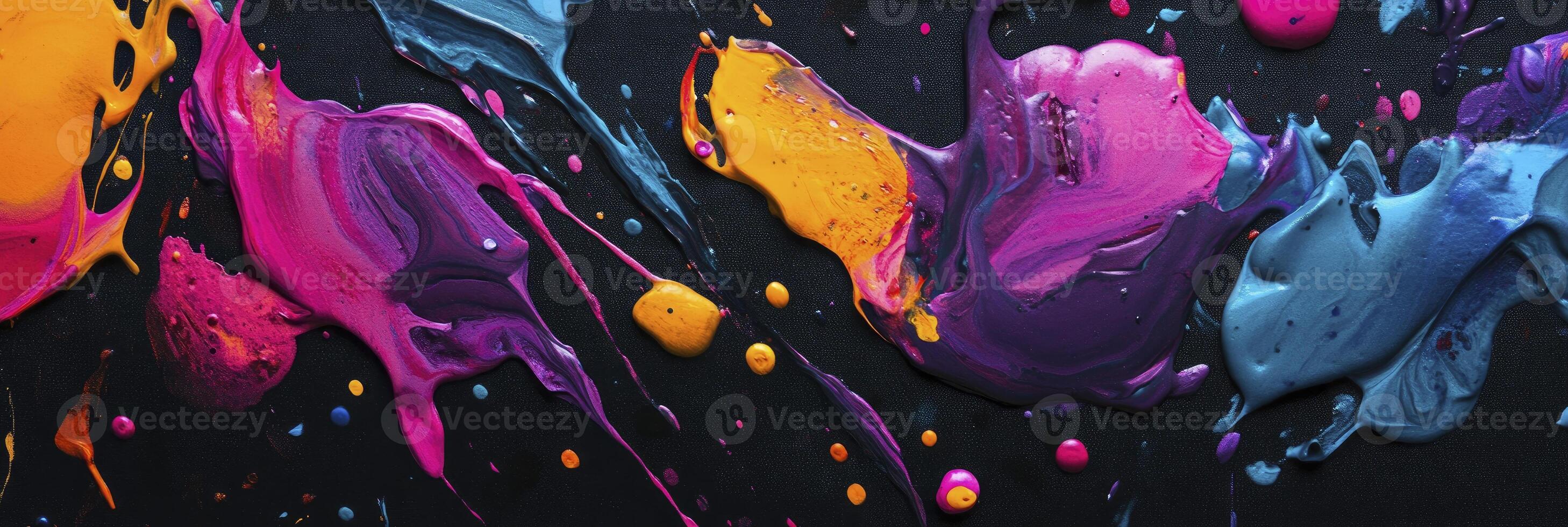 Vibrant, colorful paint splashes on a black background, a colorful splash art design. photo