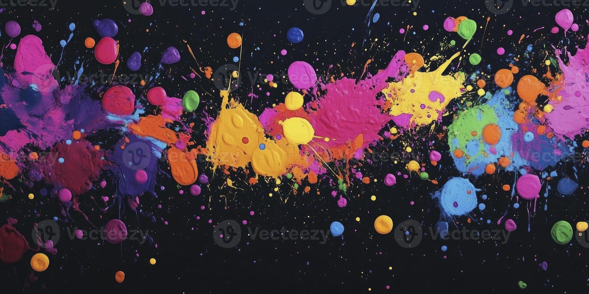 Vibrant, colorful paint splashes on a black background, a colorful splash art design. photo