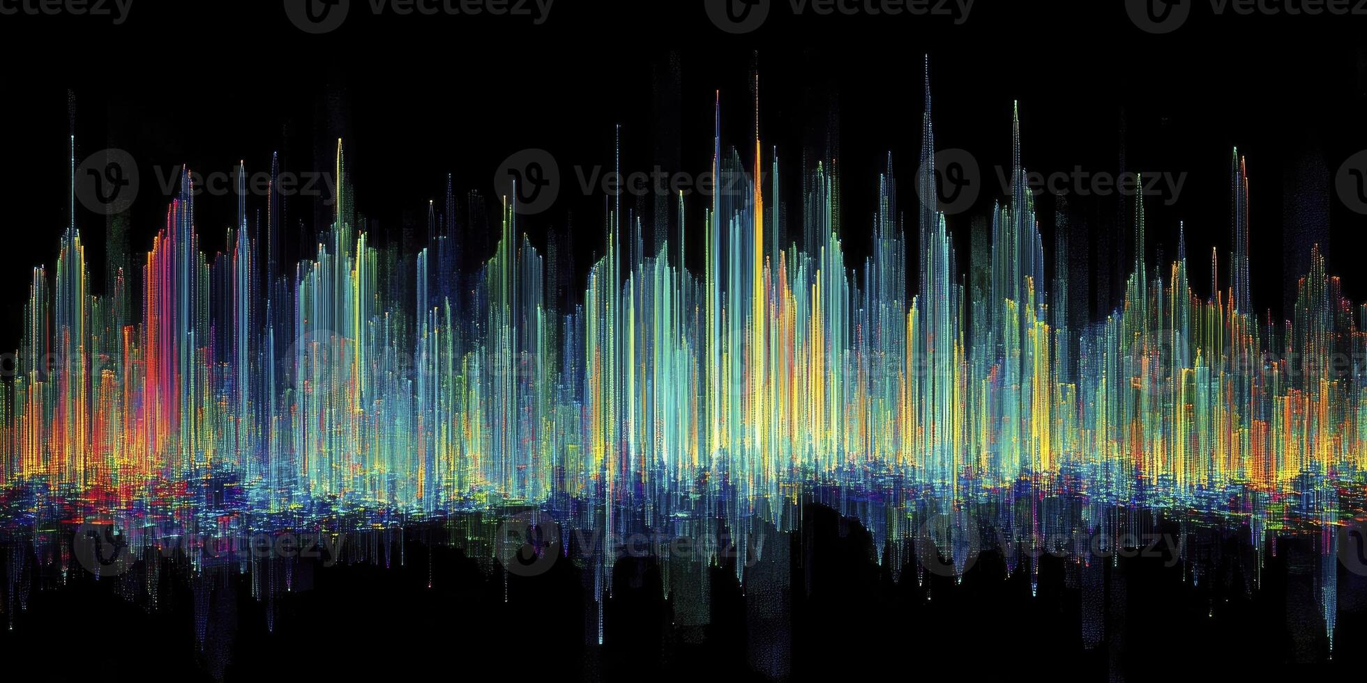 Photonegative refractograph of the city lights in blue, green, and red, with light streaks on a black background. photo