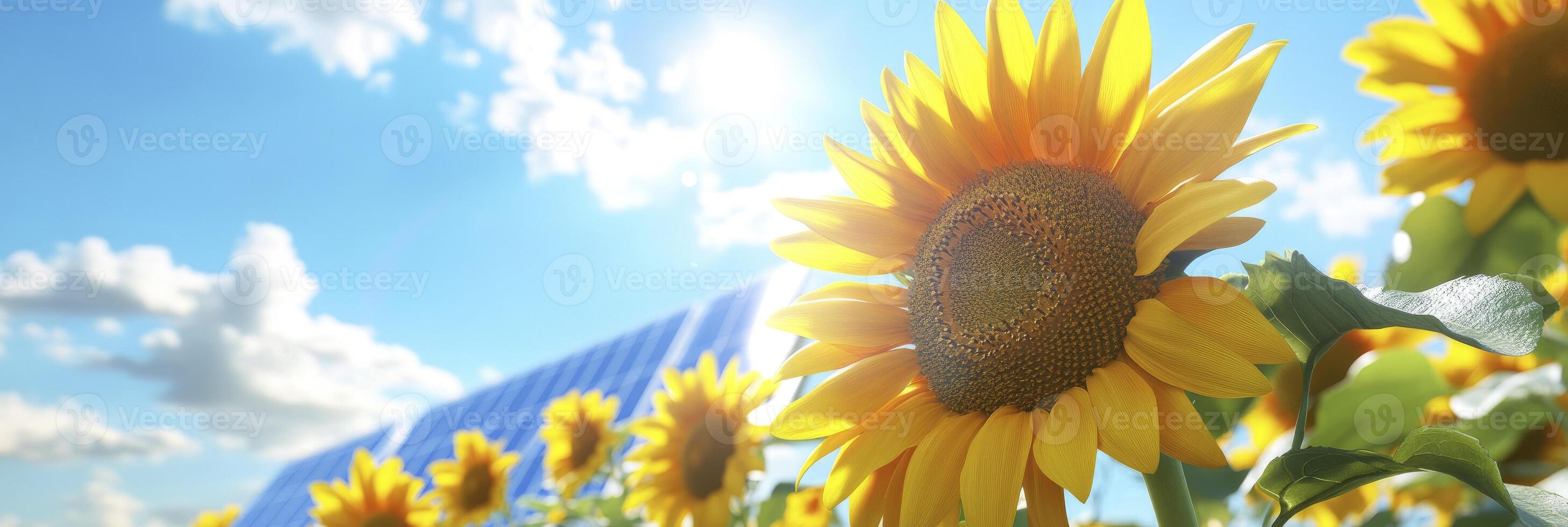 Sunflowers with solar panels and sunny blue sky in the background photo