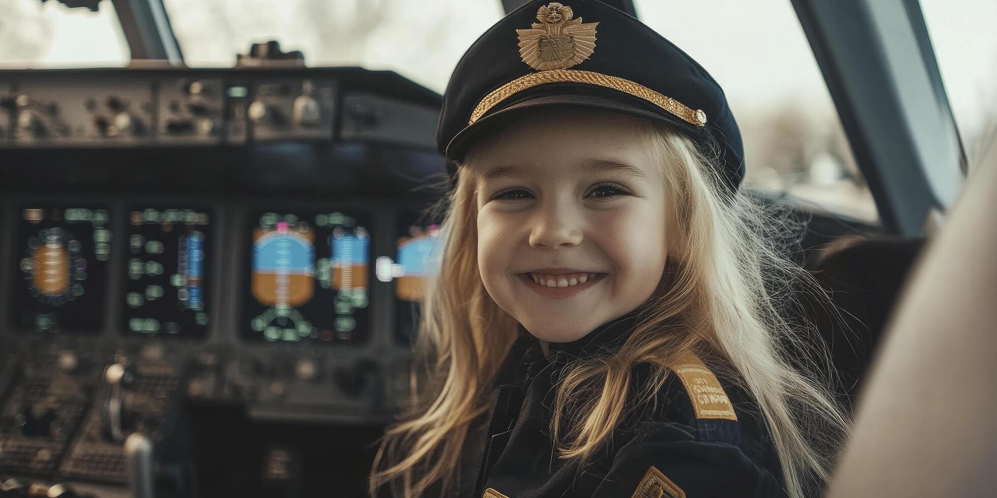A little girl in a pilot's uniform smiling photo