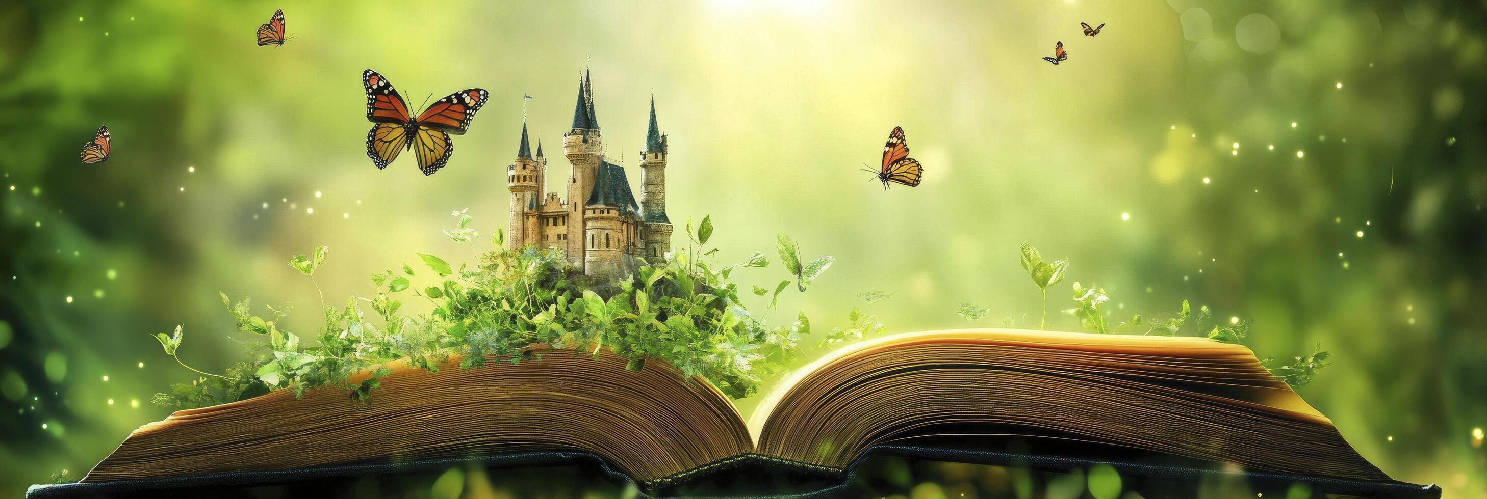 An open book with a castle in the middle of a green field with butterflies flying around it photo
