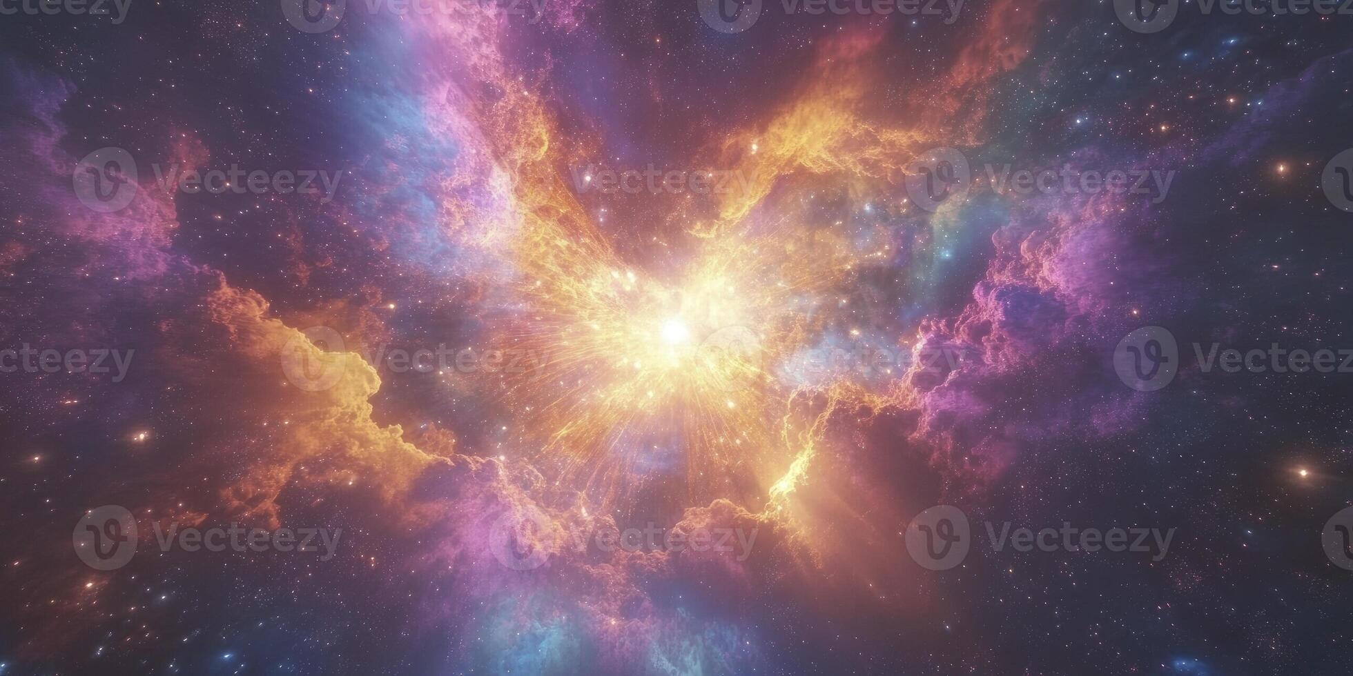 An explosion of colors and shapes, resembling an exploding nebula in space, with vibrant hues of purple, blue, orange, yellow, and pink, creates a mesmerizing visual effect. Concept of hope. photo