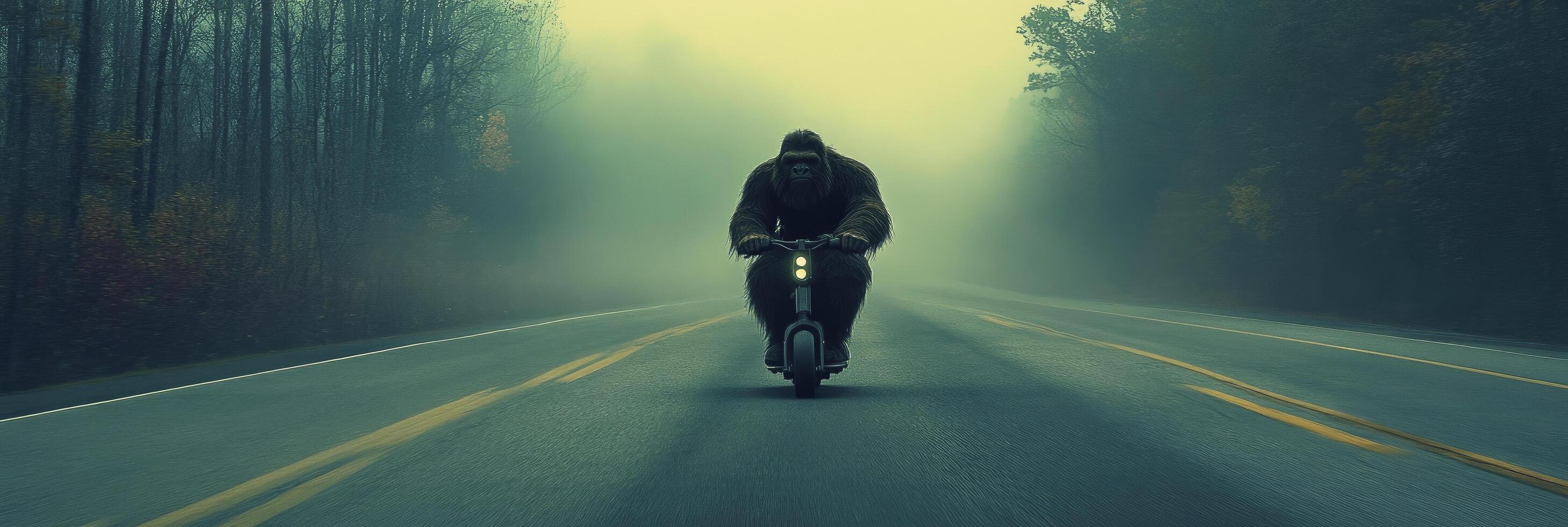 A person riding a scooter down a road in the fog photo