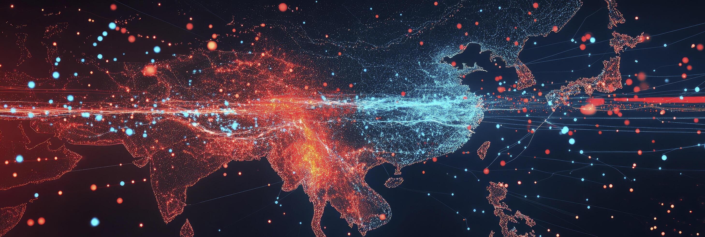 The world map is shown with red and blue lines photo