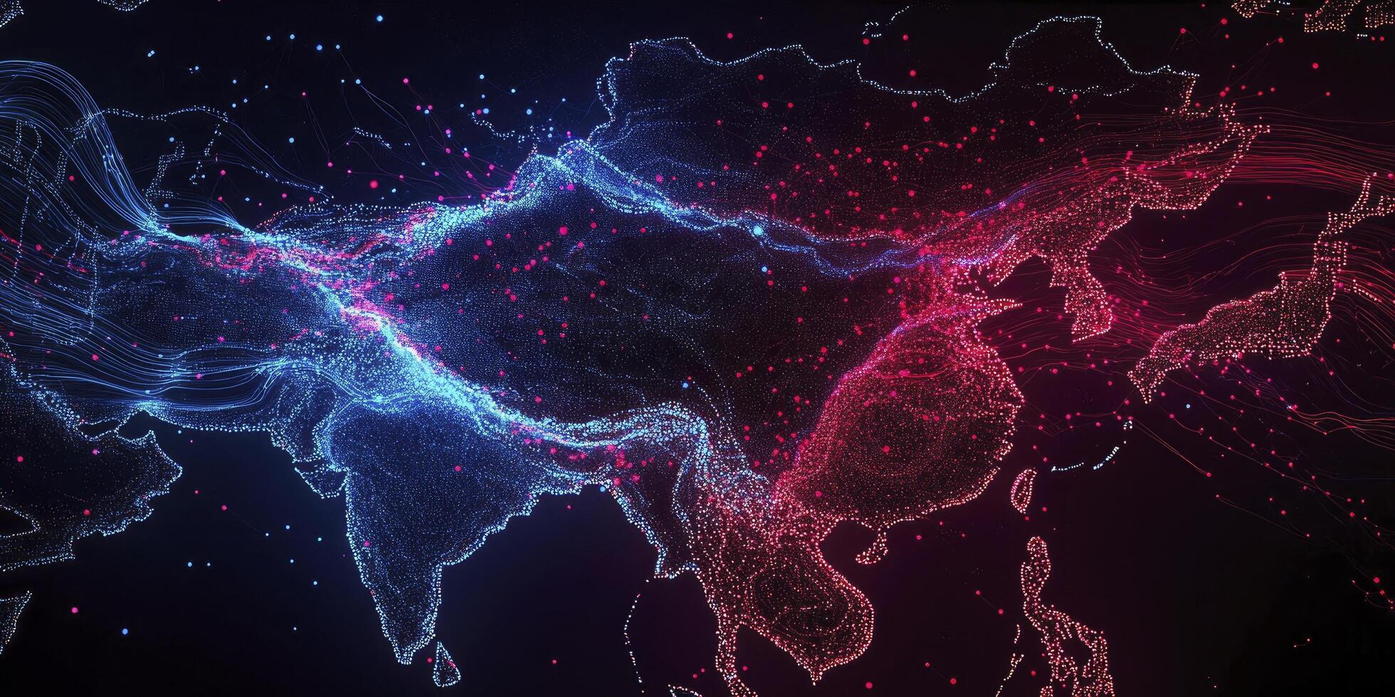 The world map is shown with red and blue lines photo