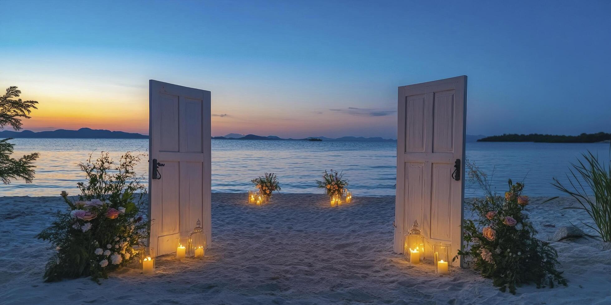 An open door on the beach with candles and flowers photo