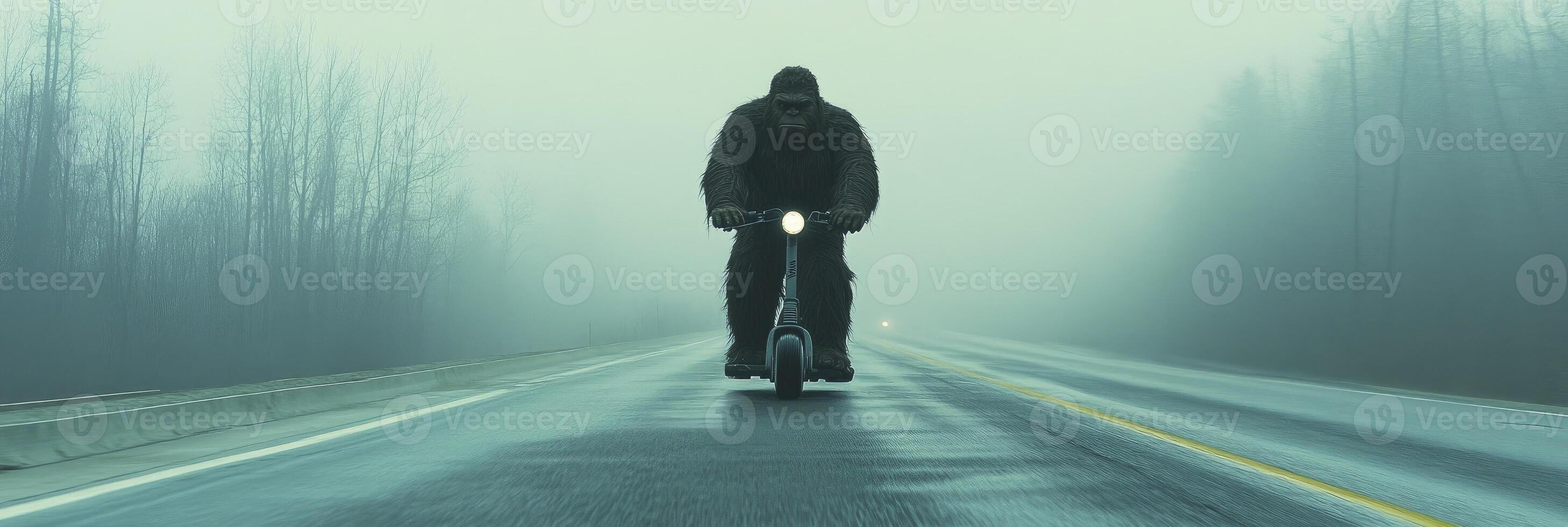 A person riding a scooter down a road in the fog photo