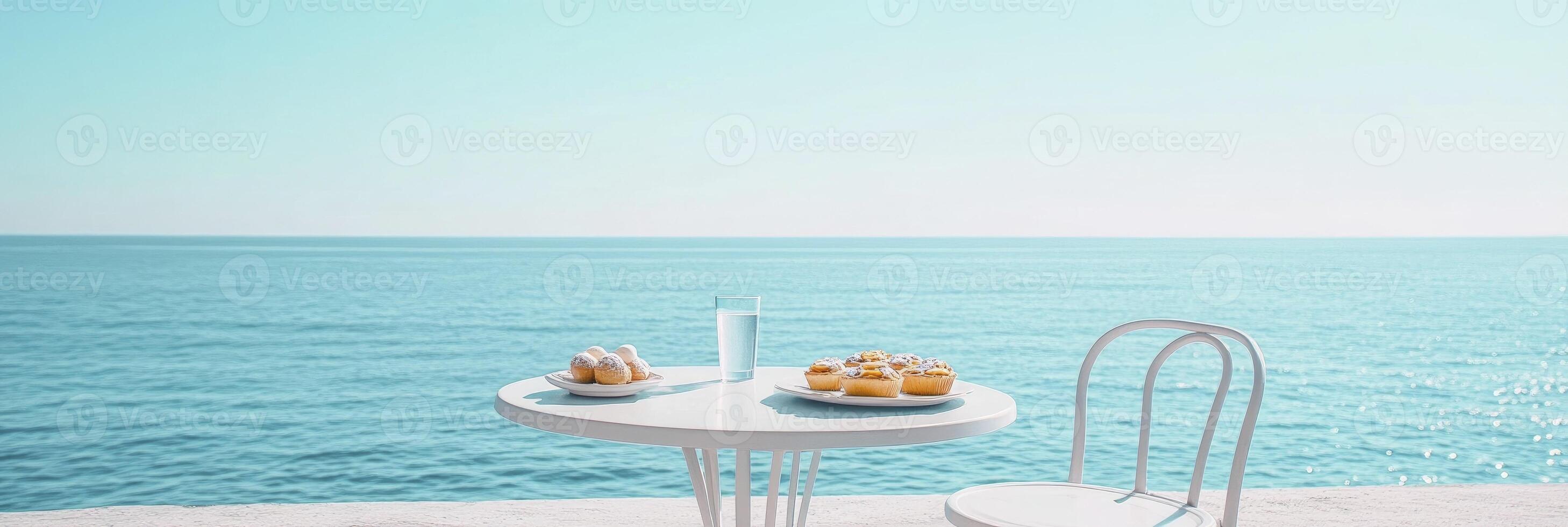 A light blue sea, a white round table with chairs and pastries on it, a glass of water in the middle of the table, a chair next to the table. photo