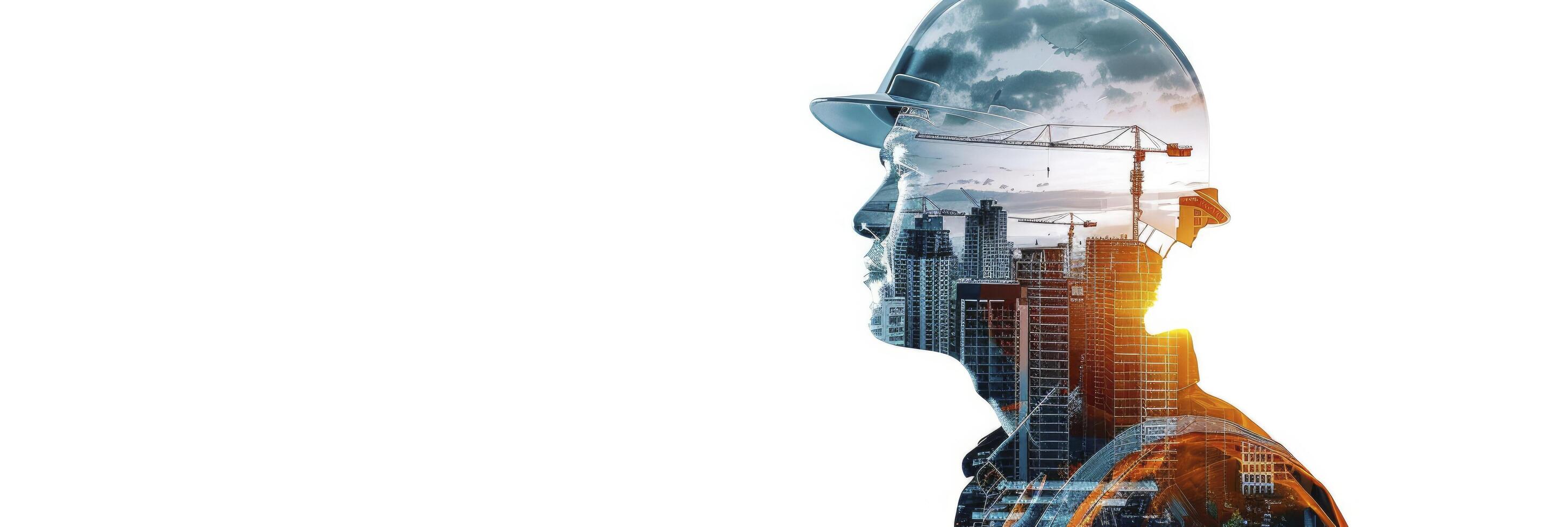 Double exposure construction worker with helmet and cityscape isolated on white background photo