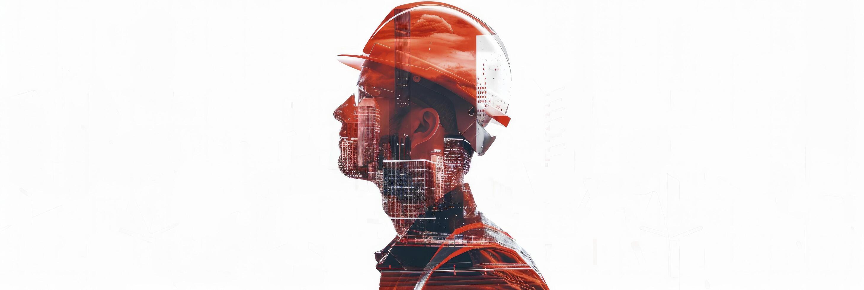 Double exposure construction worker with helmet and cityscape isolated on white background photo