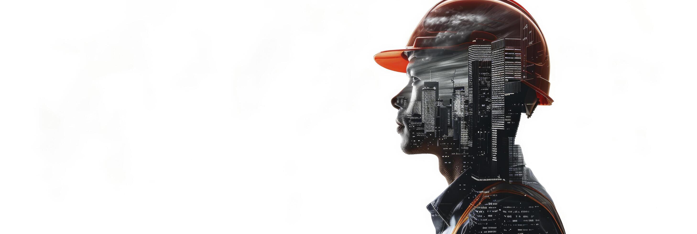 Double exposure construction worker with helmet and cityscape isolated on white background photo
