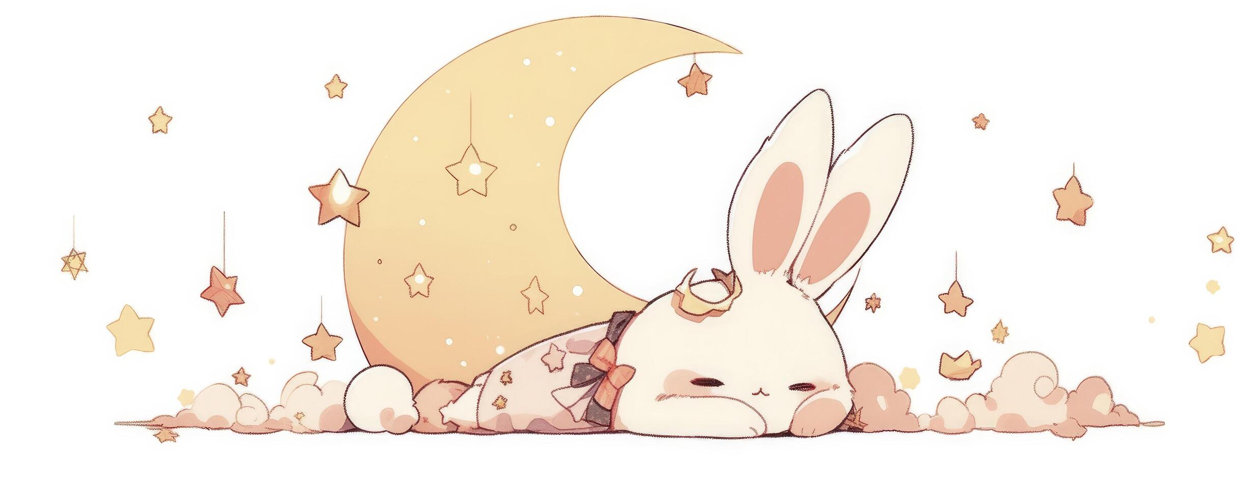 lovable anime character rabbit with stars and it was laying on a moon painting and solid background photo