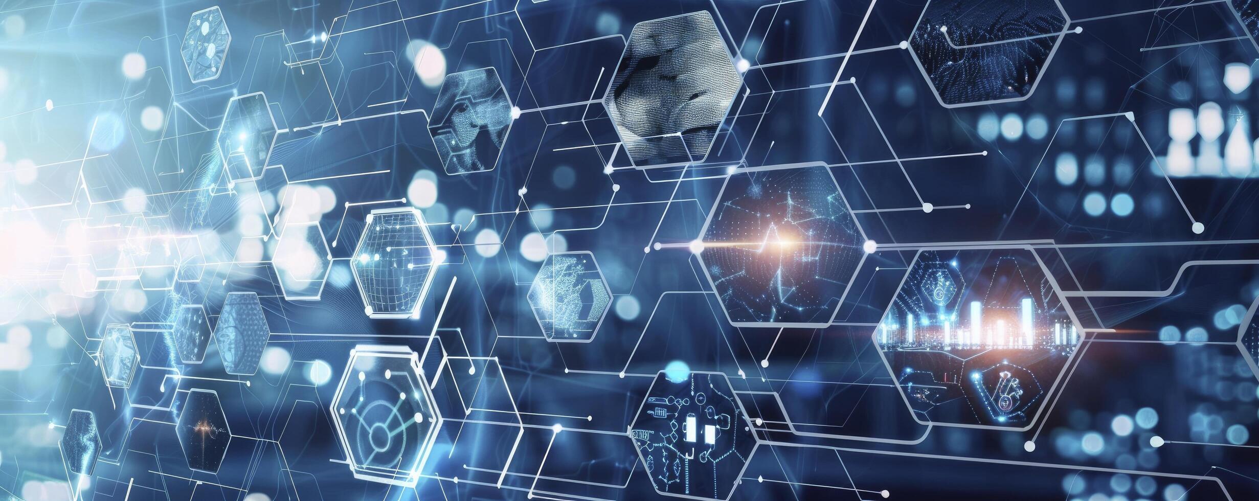 Digital technology business network concept with hexagon pattern and various images of businessman working in office, science research lab or factory production line on blue city background. photo