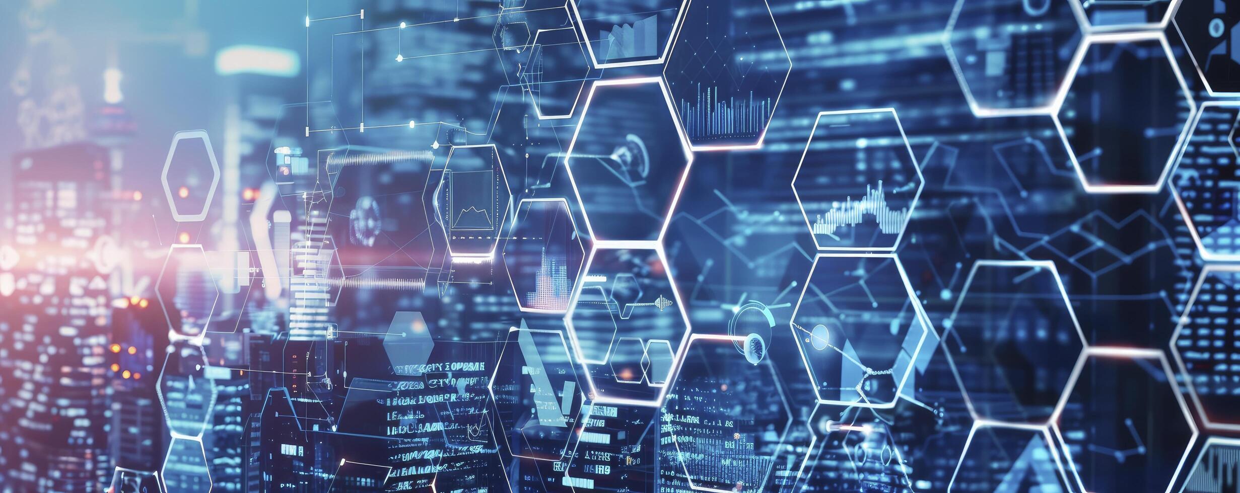 Digital technology business network concept with hexagon pattern and various images of businessman working in office, science research lab or factory production line on blue city background. photo