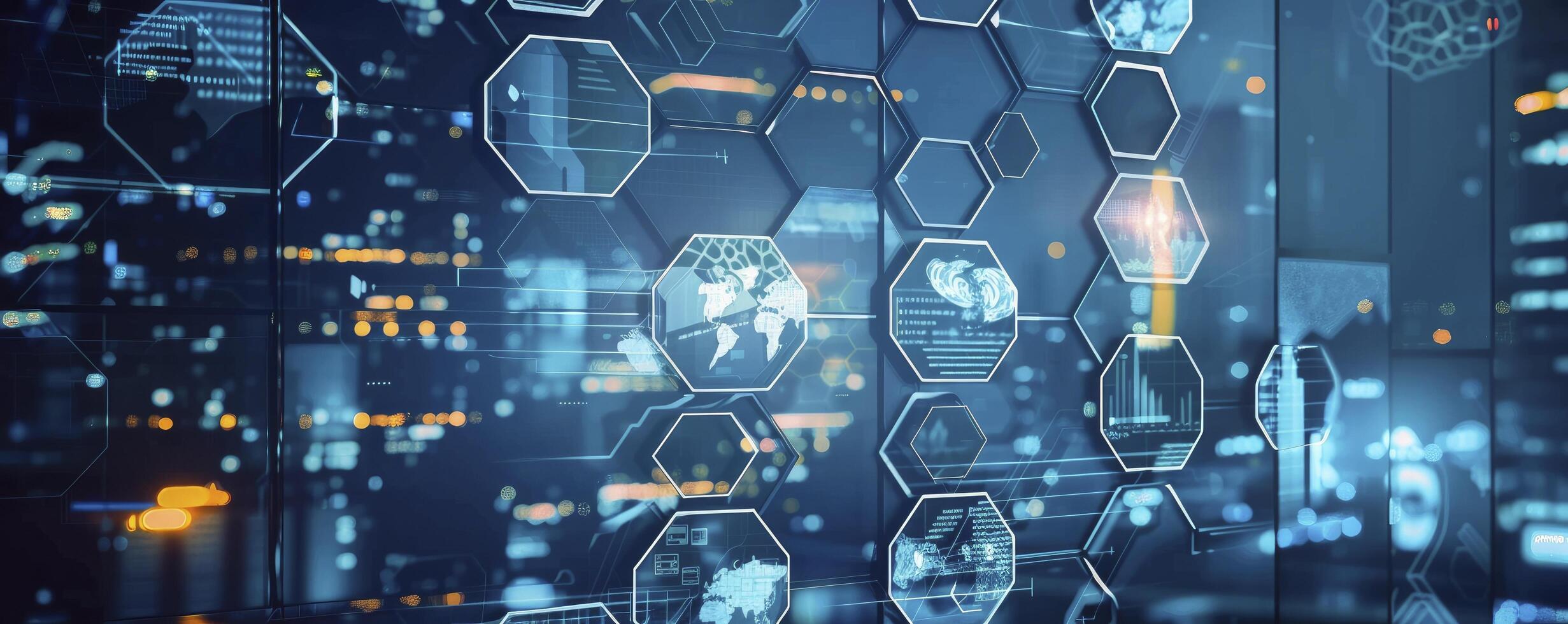 Digital technology business network concept with hexagon pattern and various images of businessman working in office, science research lab or factory production line on blue city background. photo