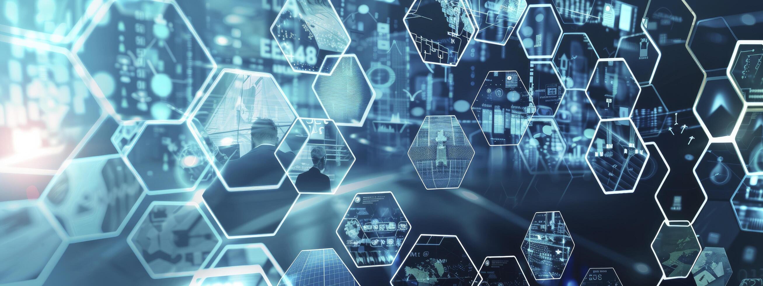 Digital technology business network concept with hexagon pattern and various images of businessman working in office, science research lab or factory production line on blue city background. photo